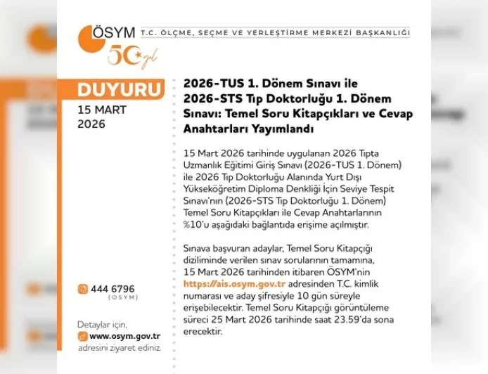 ÖSYM 2026 TUS 1. Dönem ve STS Tıp Doktorluğu Sınavı Temel Soru Kitapçıkları ile Cevap Anahtarlarını Yayımladı