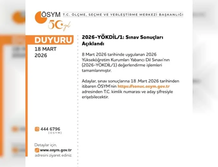 ÖSYM Başkanlığı 2026-YÖKDİL/1 Sınav Sonuçlarının Açıklandığını Duyurdu