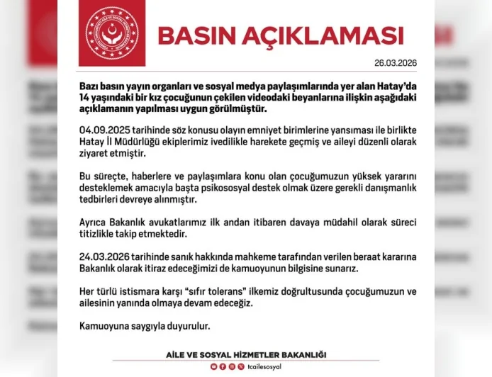 Aile ve Sosyal Hizmetler Bakanlığı Hatay’daki 14 Yaşındaki Çocuk Davasında Beraat Kararına İtiraz Edecek