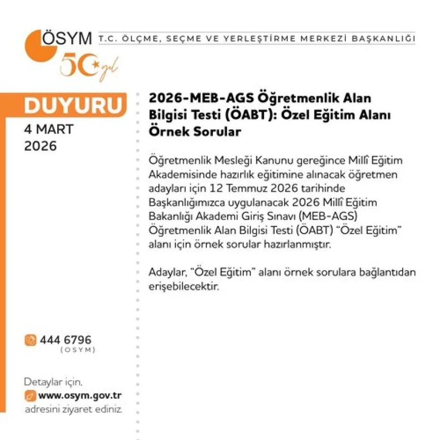 ÖSYM: “2026 MEB-AGS ÖABT Özel Eğitim Alanı İçin Örnek Sorular Hazırlandı”