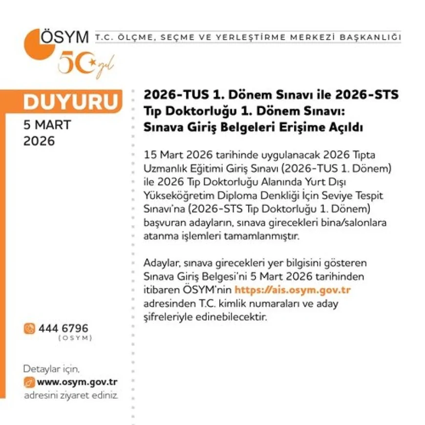 ÖSYM 2026 TUS 1. Dönem Sınavı İçin Sınava Giriş Belgelerinin Erişime Açıldığını Duyurdu