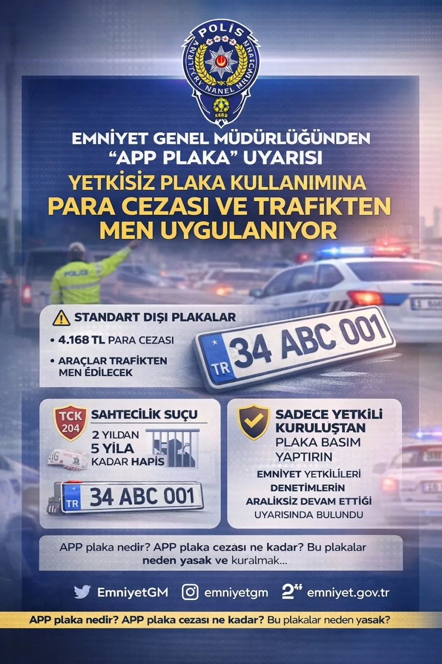 EMNİYET GENEL MÜDÜRLÜĞÜNDEN “APP PLAKA” UYARISI: YETKİSİZ PLAKA KULLANIMINA PARA CEZASI VE TRAFİKTEN MEN UYGULANIYOR