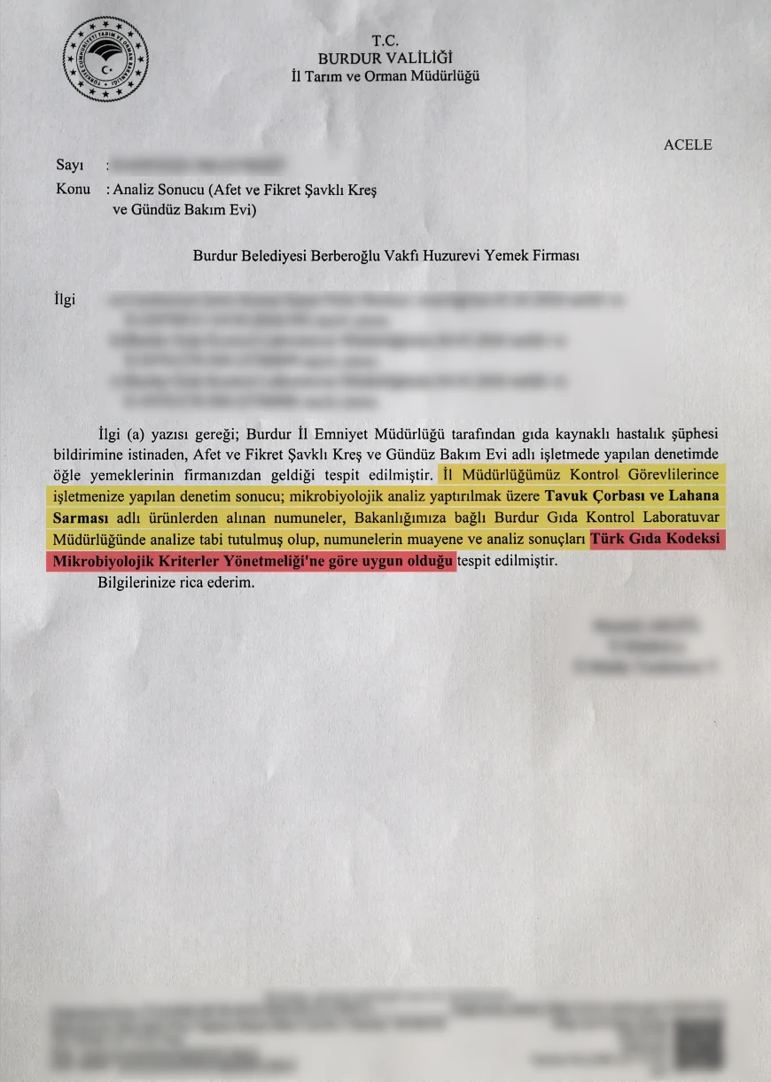 BURDUR BELEDİYESİ: “KREŞLERDE SUNULAN YEMEKLERİN GIDA ZEHİRLENMESİNE NEDEN OLMADIĞI LABORATUVAR ANALİZLERİYLE NETLEŞTİ”
