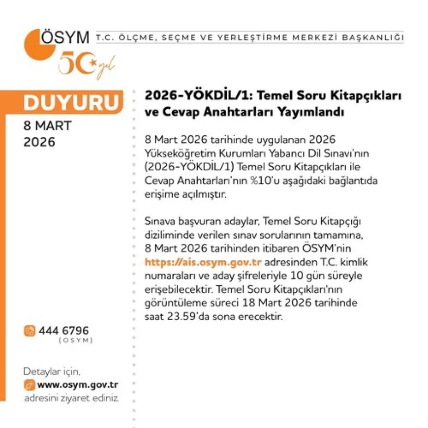 ÖSYM 2026-YÖKDİL/1 Temel Soru Kitapçıkları ve Cevap Anahtarlarının Yüzde 10’unu Erişime Açtı