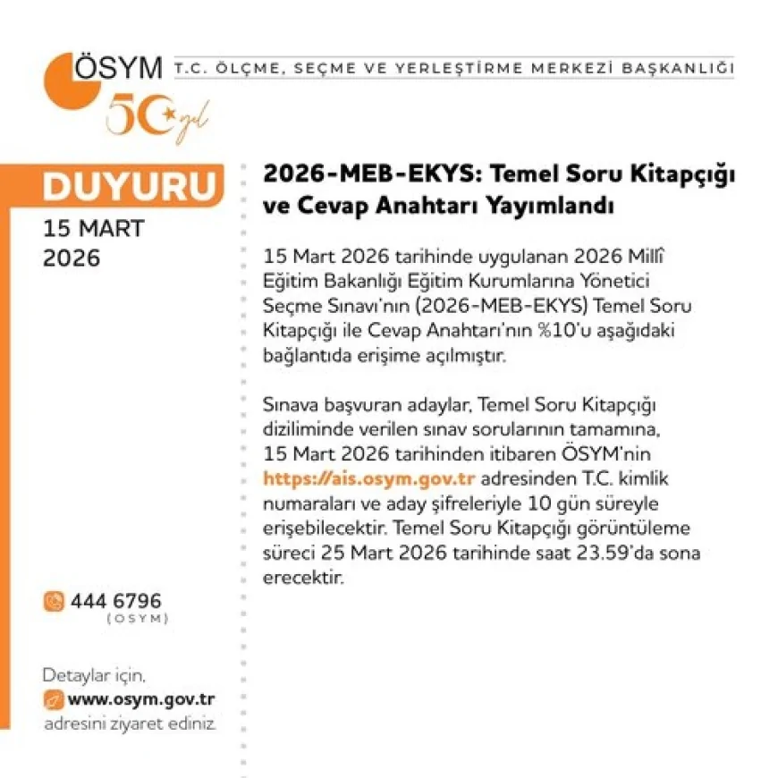 ÖSYM 2026-MEB-EKYS Temel Soru Kitapçığı ve Cevap Anahtarının Yüzde 10’unu Erişime Açtı
