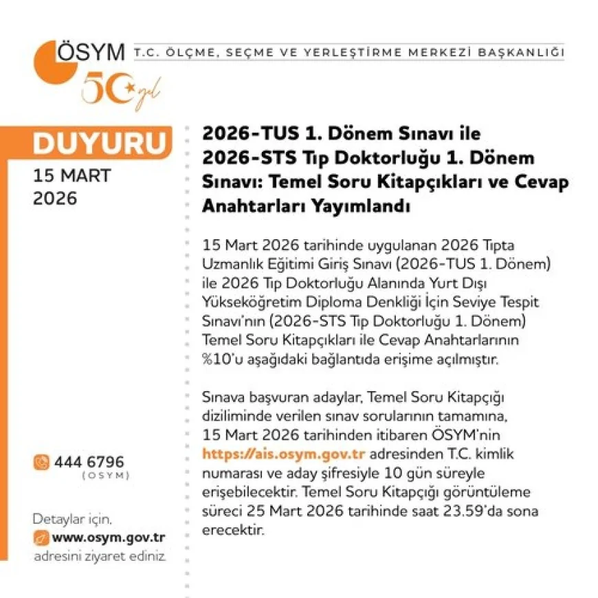 ÖSYM 2026 TUS 1. Dönem ve STS Tıp Doktorluğu Sınavı Temel Soru Kitapçıkları ile Cevap Anahtarlarını Yayımladı