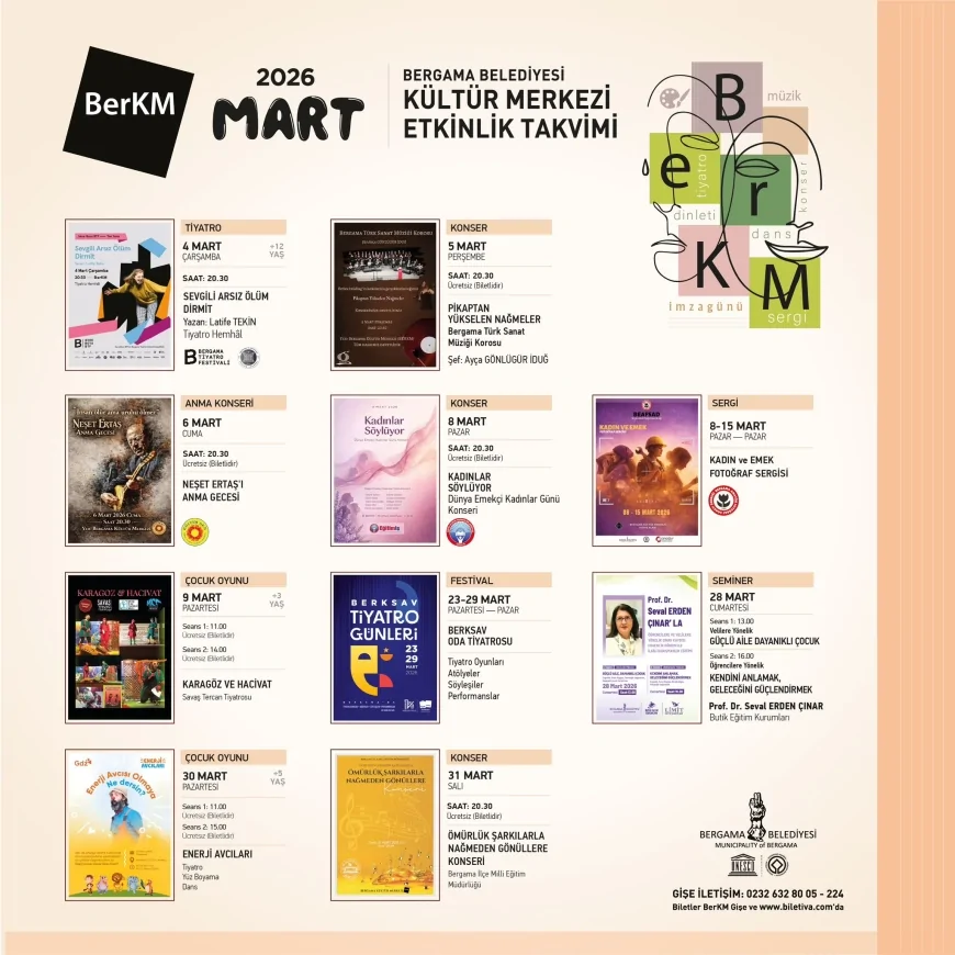 Bergama Belediye Başkanı Kültür Merkezi Mart Ayında Tiyatrodan Konsere, Sergi ve Seminerlerle Sanatseverleri Buluşturuyor