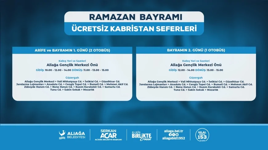 ALİAĞA BELEDİYESİNDEN KABRİSTAN ZİYARETLERİ İÇİN BAYRAMDA ÜCRETSİZ SERVİS HİZMETİ