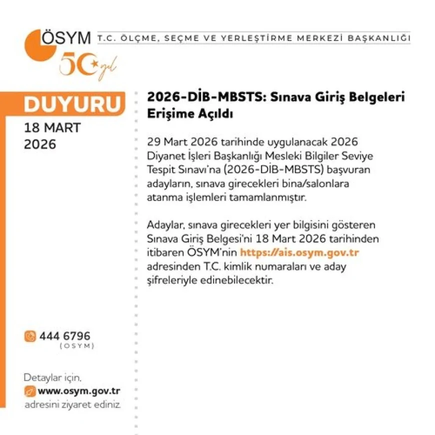 ÖSYM 2026 DİB-MBSTS Sınav Giriş Belgelerini Açıkladı Adaylar Yerlerini AIS Üzerinden Öğrenecek