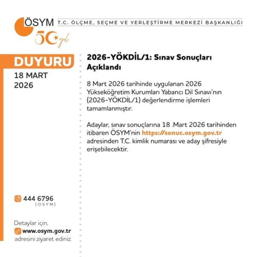 ÖSYM Başkanlığı 2026-YÖKDİL/1 Sınav Sonuçlarının Açıklandığını Duyurdu