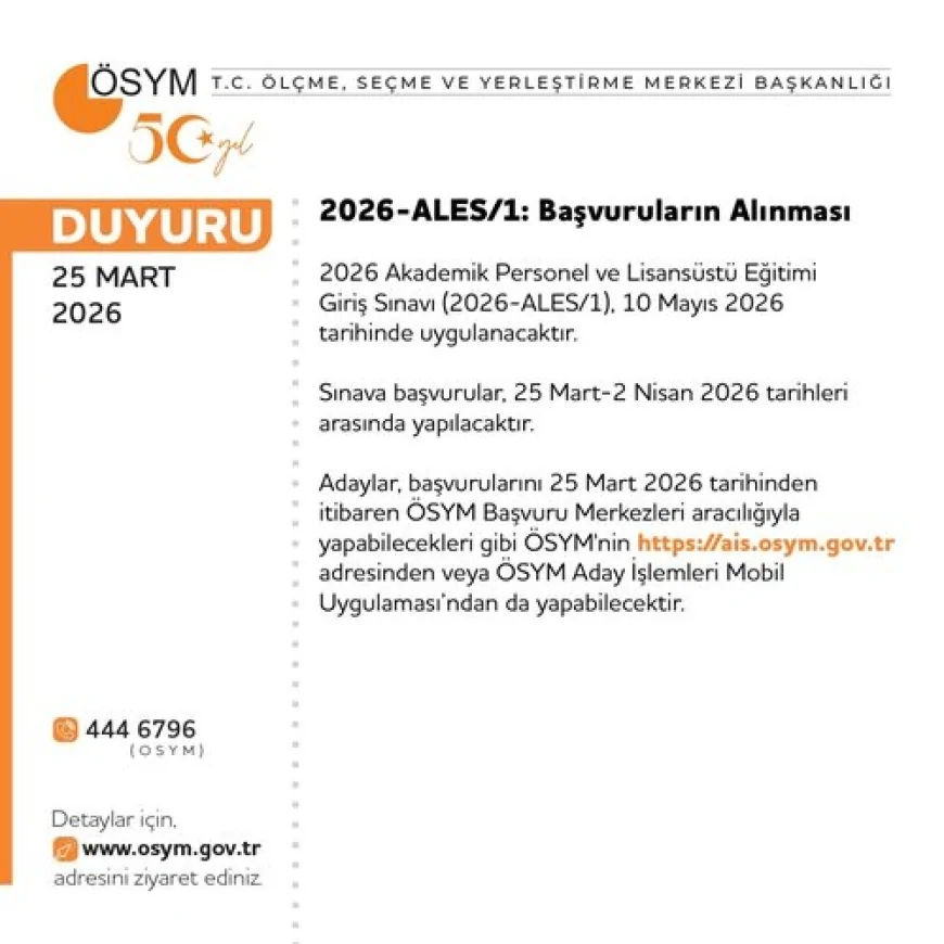 ÖSYM Başkanlığı 2026-ALES/1 başvuru takvimini açıkladı sınav 10 Mayıs’ta yapılacak