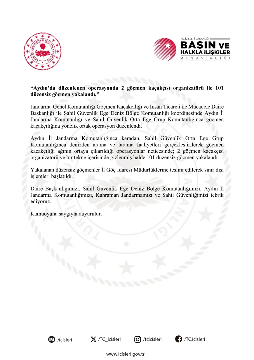 AYDIN’DA ORTAK OPERASYONLA GÖÇMEN KAÇAKÇILIĞI AĞI ÇÖKERTİLDİ 101 DÜZENSİZ GÖÇMEN YAKALANDI