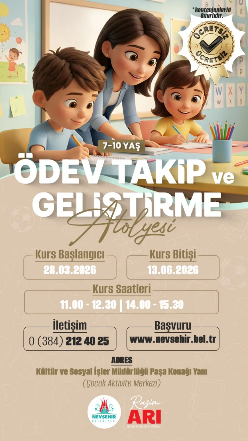 Nevşehir Belediyesi 7-10 Yaş Grubuna Ödev Takip ve Geliştirme Atölyesi Başlatıyor