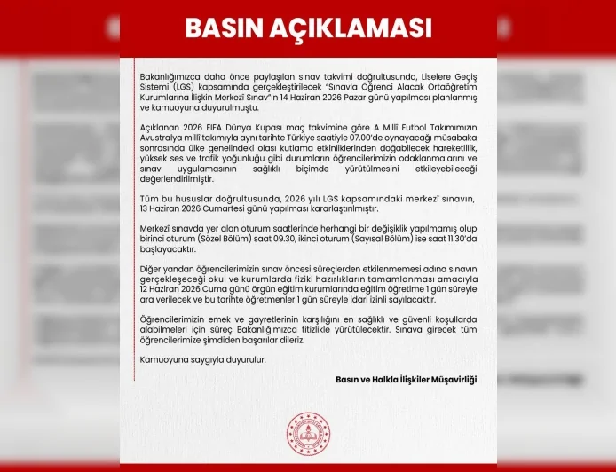 Millî Eğitim Bakanlığı LGS Tarihini Değiştirdi Sınav 13 Haziran Cumartesi Günü Yapılacak