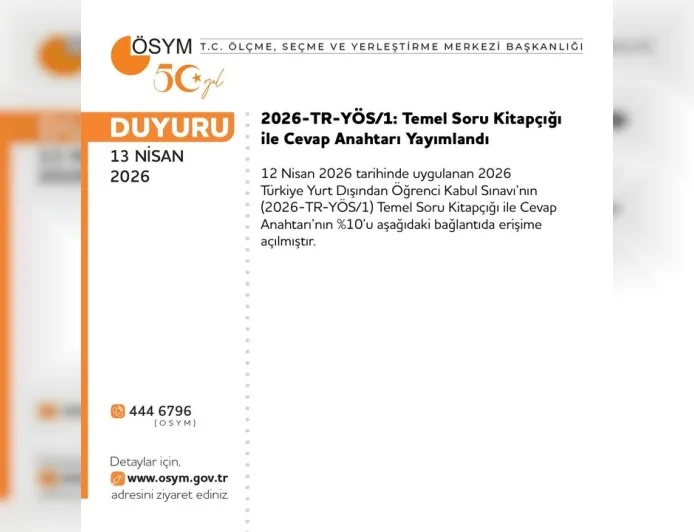 ÖSYM 2026-TR-YÖS/1 Temel Soru Kitapçığı ve Cevap Anahtarının Yüzde 10’unu Erişime Açtı