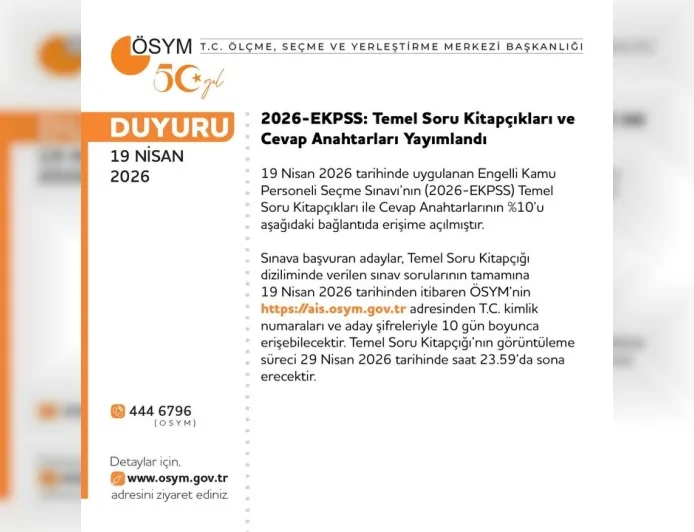 ÖSYM 2026-EKPSS Temel Soru Kitapçıkları ve Cevap Anahtarlarının Yüzde 10’unu Erişime Açtı