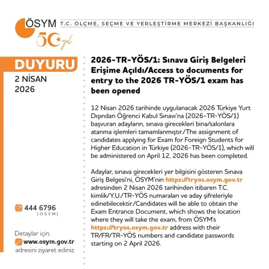 ÖSYM 2026-TR-YÖS/1 Sınavı İçin Giriş Belgelerini Erişime Açtı Adaylara Kritik Saat Uyarısı