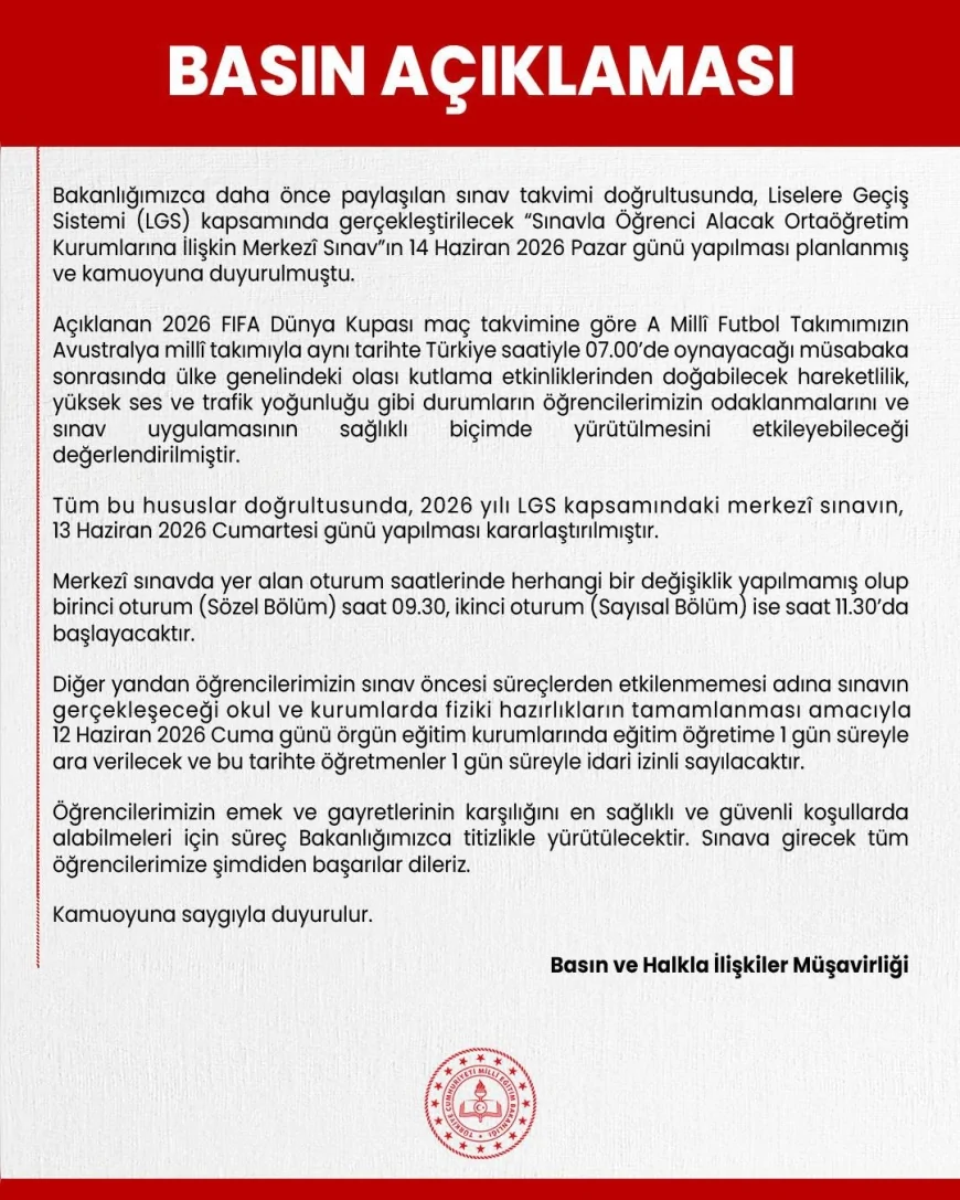 Millî Eğitim Bakanlığı LGS Tarihini Değiştirdi Sınav 13 Haziran Cumartesi Günü Yapılacak