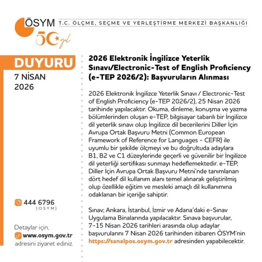 ÖSYM 2026 Elektronik İngilizce Yeterlik Sınavı Başvurularını 7-15 Nisan Tarihleri Arasında Alacak