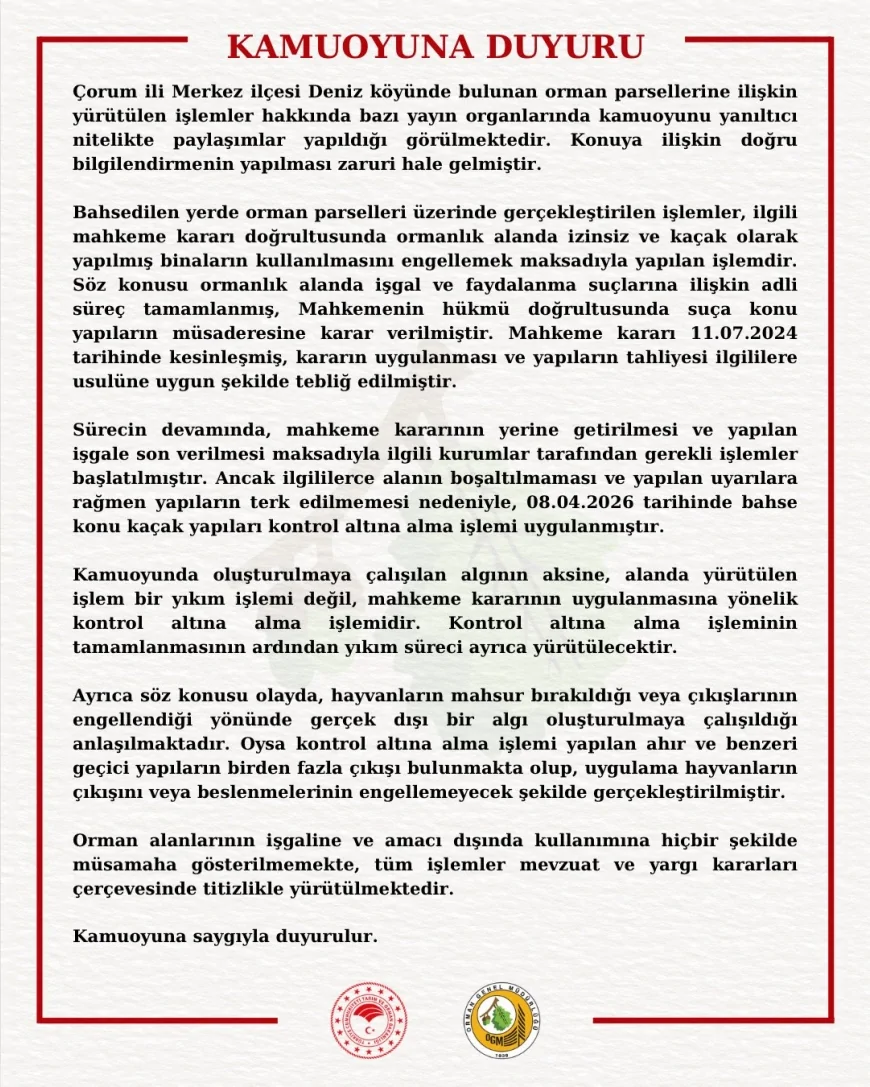 Orman Genel Müdürlüğü: “Çorum Deniz köyündeki işlem yıkım değil mahkeme kararının uygulanmasıdır”