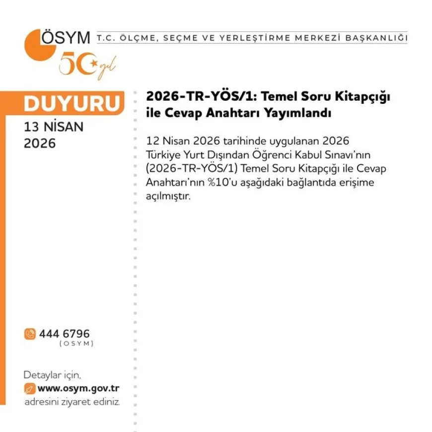 ÖSYM 2026-TR-YÖS/1 Temel Soru Kitapçığı ve Cevap Anahtarının Yüzde 10’unu Erişime Açtı