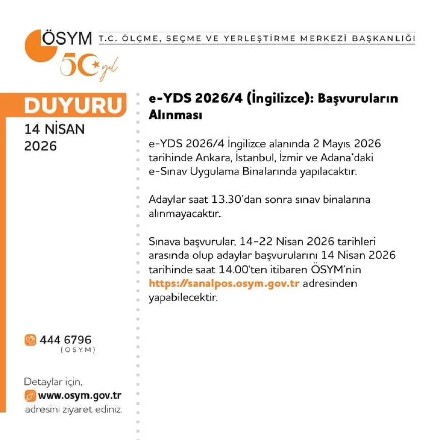 ÖSYM e-YDS 2026/4 İngilizce sınavı için başvuru sürecini başlattı