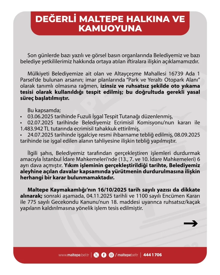 Maltepe Belediyesi Altayçeşme’deki işgal iddialarına yanıt verdi kaçak yapıların yıkıldığını açıkladı