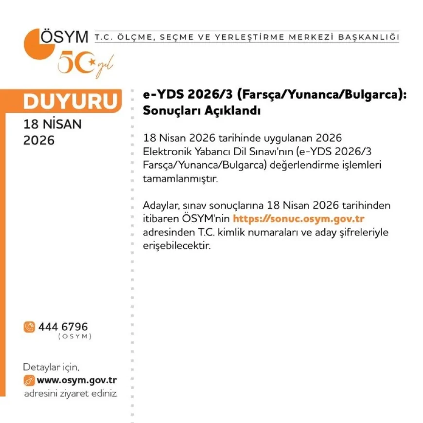ÖSYM Başkanlığı e-YDS 2026/3 Farsça Yunanca Bulgarca sınav sonuçlarının açıklandığını duyurdu