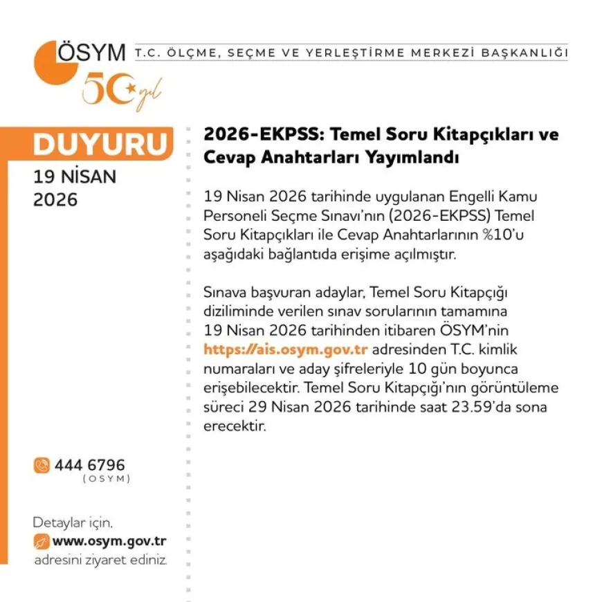 ÖSYM 2026-EKPSS Temel Soru Kitapçıkları ve Cevap Anahtarlarının Yüzde 10’unu Erişime Açtı