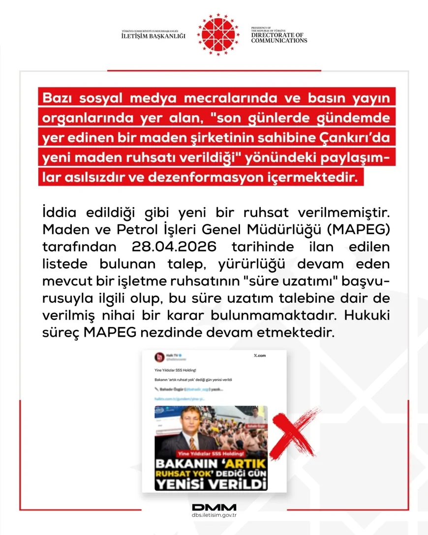 Dezenformasyonla Mücadele Merkezi Çankırı’daki maden ruhsatı iddialarını yalanladı