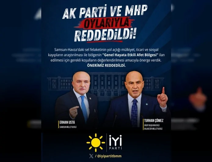 İYİ Parti’nin Samsun Havza’daki Sel Felaketine İlişkin Meclis Araştırması Önergesi AK Parti ve MHP Oylarıyla Reddedildi