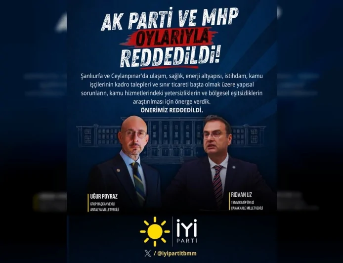 İYİ Parti’nin Şanlıurfa ve Ceylanpınar’daki yapısal sorunların araştırılmasına ilişkin önergesi AK Parti ve MHP oylarıyla reddedildi