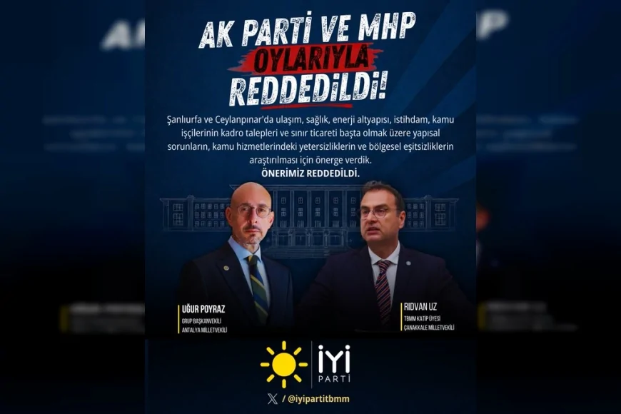 İYİ Parti’nin Şanlıurfa ve Ceylanpınar’daki yapısal sorunların araştırılmasına ilişkin önergesi AK Parti ve MHP oylarıyla reddedildi