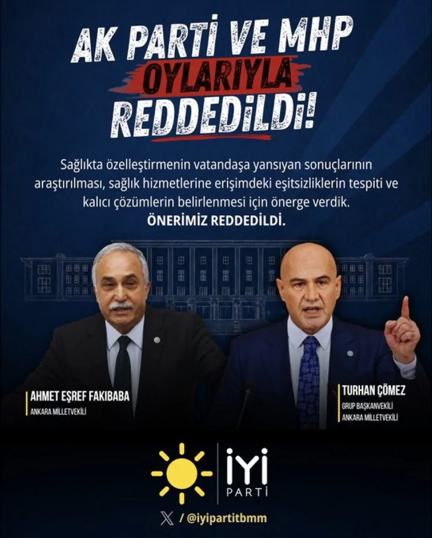 İYİ Parti’nin sağlıkta özelleştirme uygulamalarının araştırılmasına ilişkin önergesi TBMM’de reddedildi
