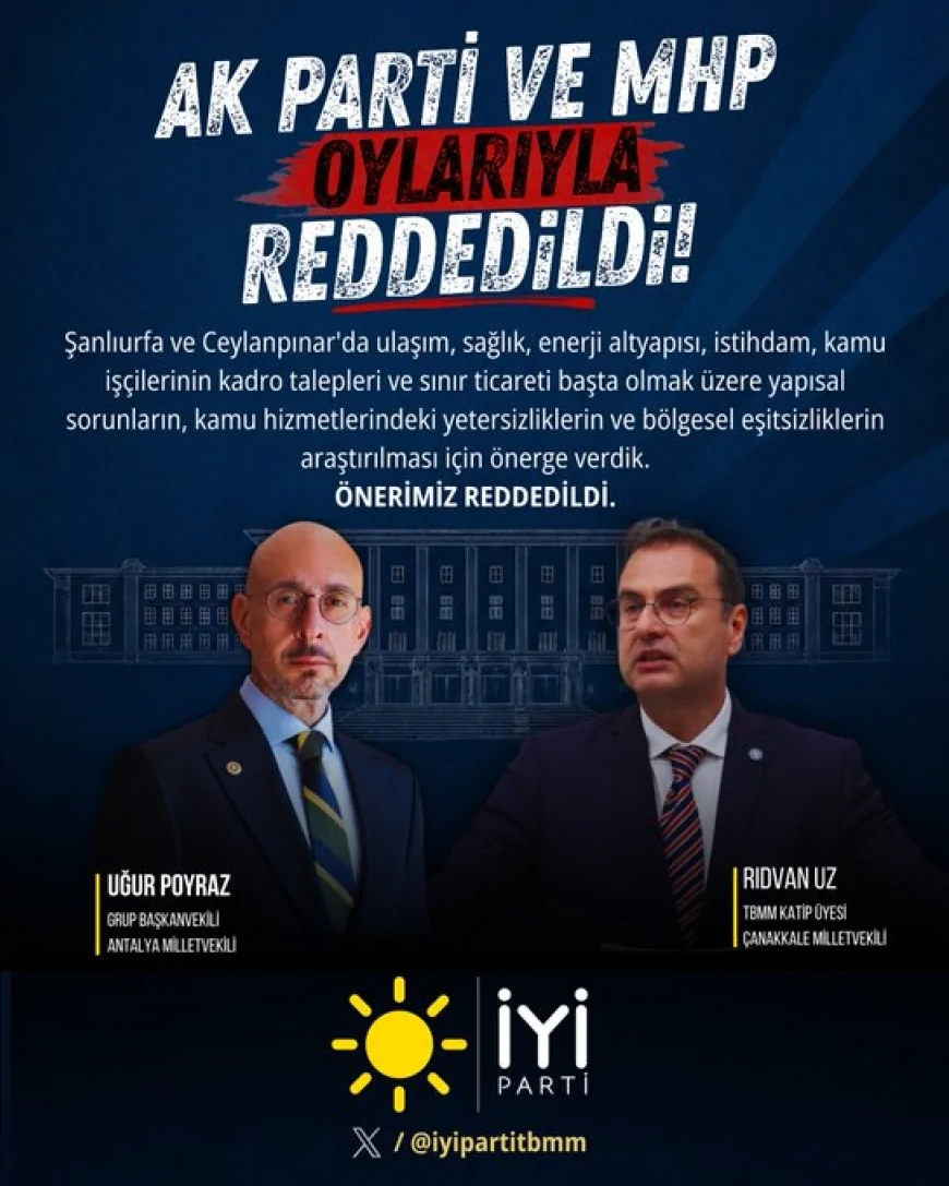 İYİ Parti’nin Şanlıurfa ve Ceylanpınar’daki yapısal sorunların araştırılmasına ilişkin önergesi AK Parti ve MHP oylarıyla reddedildi