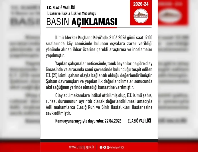 Elazığ Valiliği Kuşhane Köyü Camisinde Eşyalara Zarar Verilmesi Olayına İlişkin Açıklama Yaptı