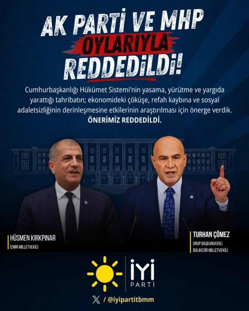 İYİ PARTİ GRUP BAŞKANVEKİLİ TURHAN ÇÖMEZ: “CUMHURBAŞKANLIĞI HÜKÜMET SİSTEMİ’NİN ETKİLERİNİN ARAŞTIRILMASI ÖNERİMİZ AK PARTİ VE MHP OYLARIYLA REDDEDİLDİ”