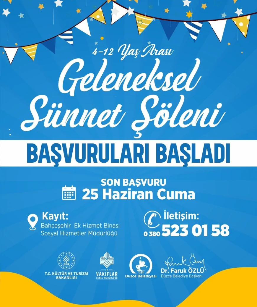 Düzce Belediyesi Geleneksel Toplu Sünnet Şöleni için başvurular başladı son tarih 25 Haziran