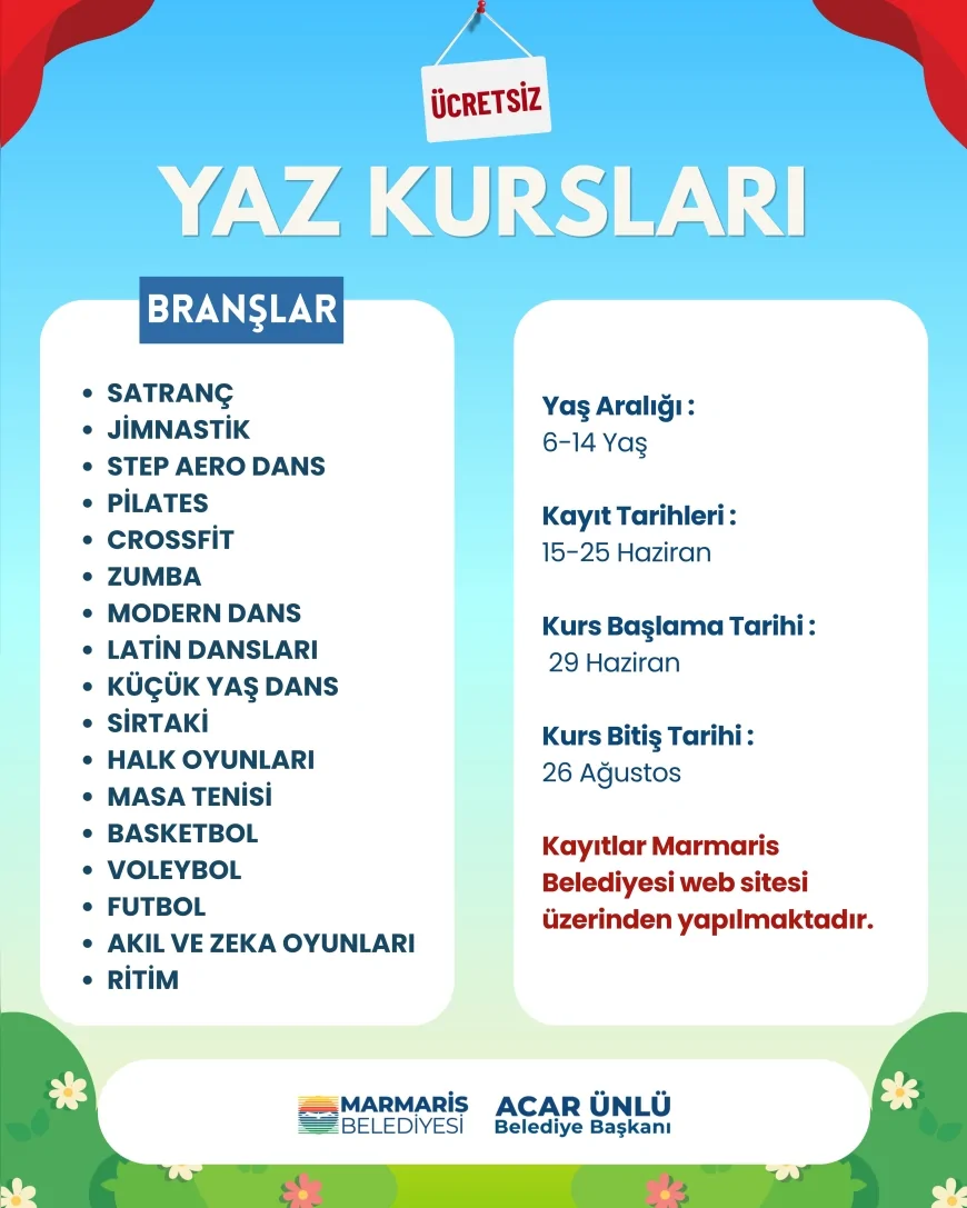 Marmaris Belediyesi Çocuklar İçin 17 Branşta Ücretsiz Yaz Kursu Kayıtlarını Başlattı