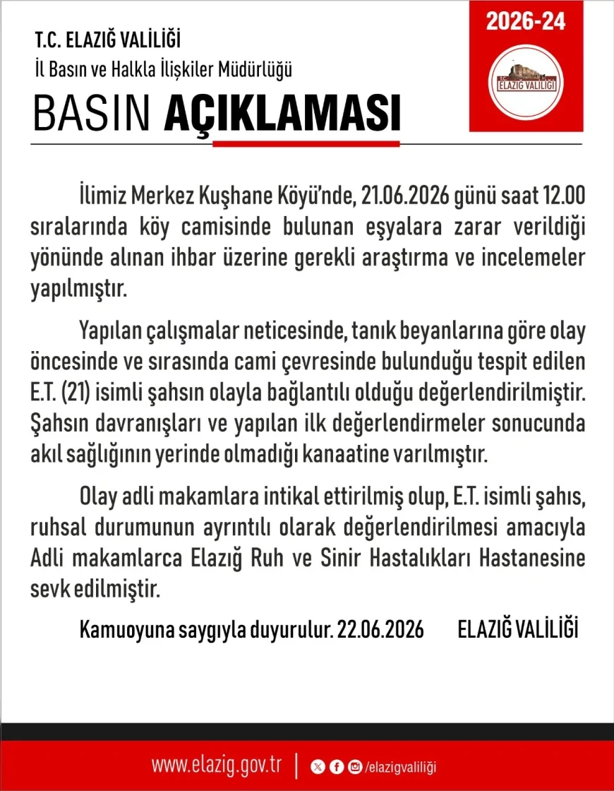 Elazığ Valiliği Kuşhane Köyü Camisinde Eşyalara Zarar Verilmesi Olayına İlişkin Açıklama Yaptı