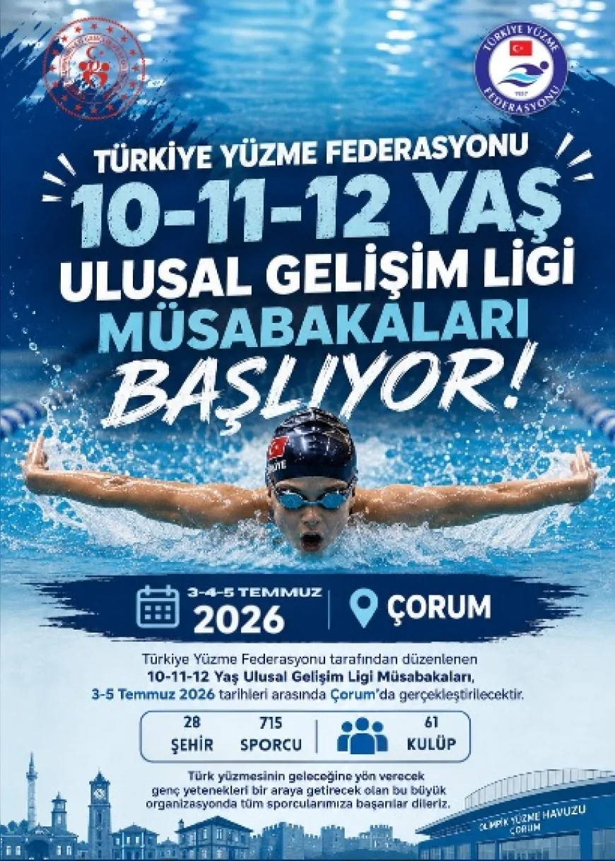 Çorum 10-11-12 Yaş Ulusal Gelişim Ligi Müsabakaları'nda 64 kulüp ve 715 genç yüzücüyü ağırlayacak
