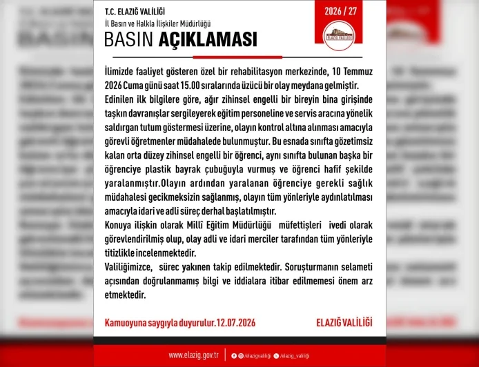 Elazığ Valiliği: “Özel rehabilitasyon merkezindeki olayla ilgili idari ve adli süreç başlatıldı”