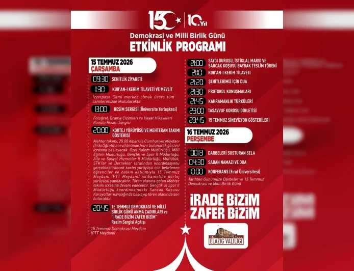 Elazığ'da 15 Temmuz Demokrasi ve Milli Birlik Günü anma programı gün boyu düzenlenecek etkinliklerle gerçekleştirilecek