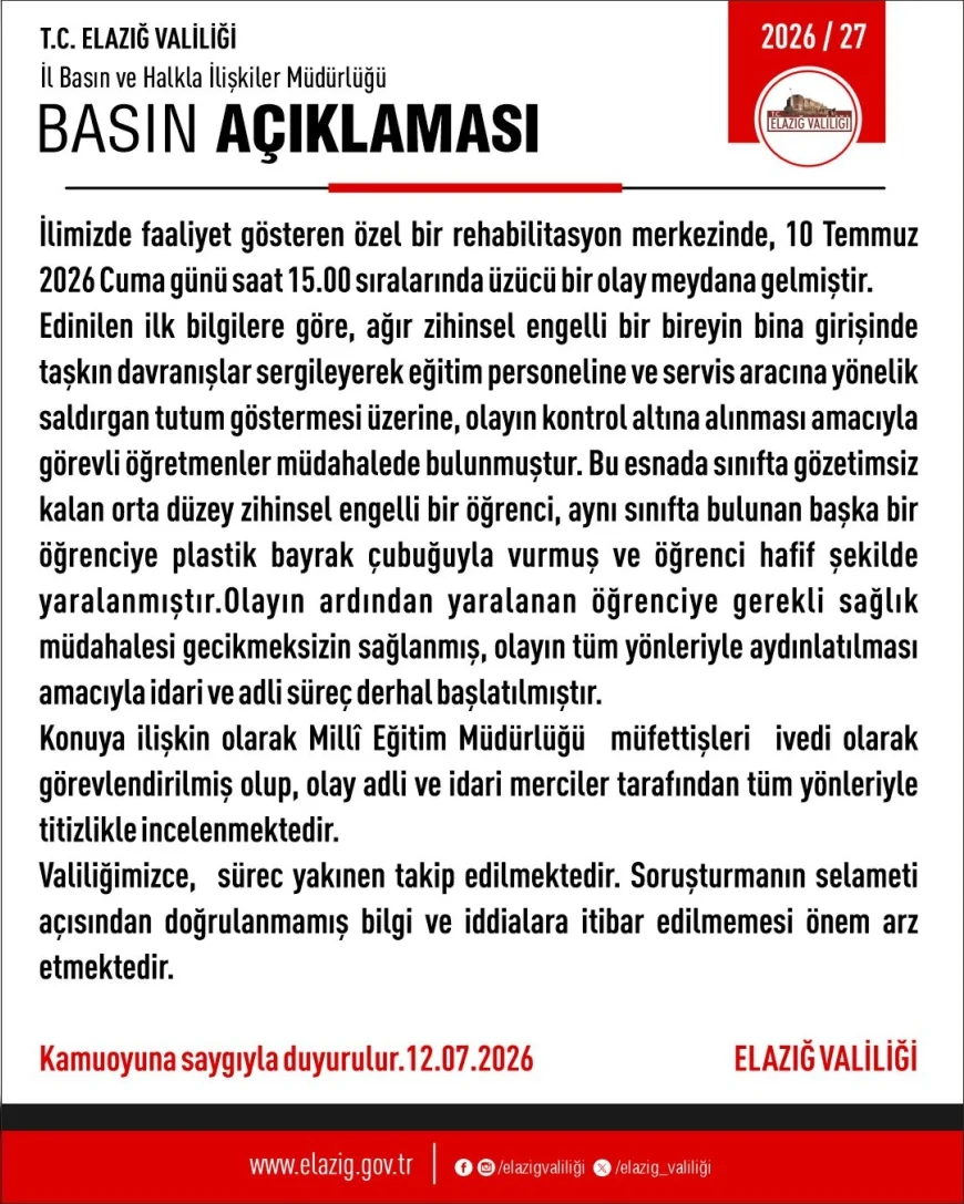 Elazığ Valiliği: “Özel rehabilitasyon merkezindeki olayla ilgili idari ve adli süreç başlatıldı”