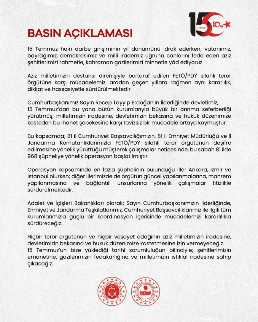 Adalet Bakanı Akın Gürlek: “FETÖ'nün mahrem yapılanmasına yönelik 81 ilde 968 şüpheliyi kapsayan geniş çaplı operasyon başlatıldı”