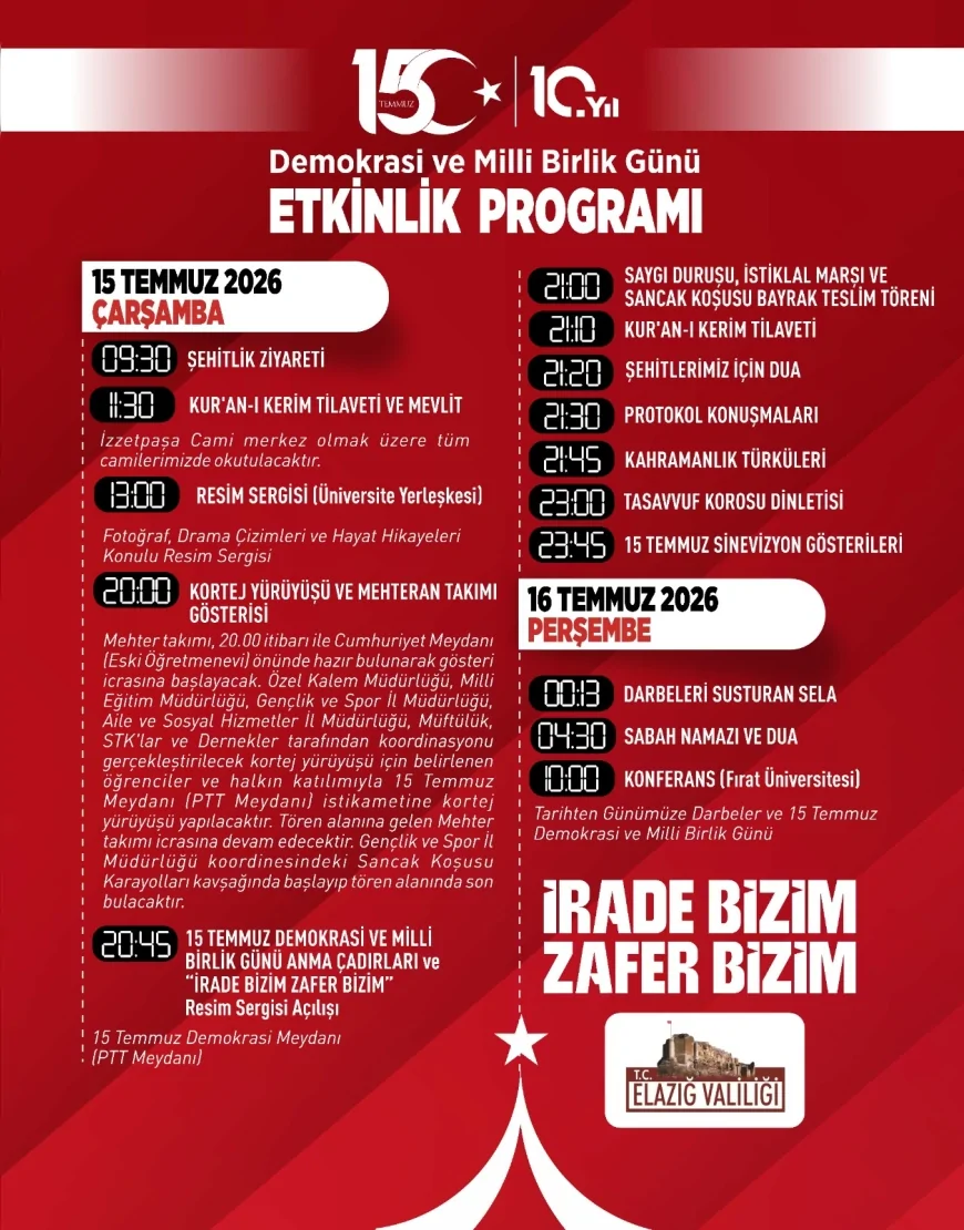 Elazığ'da 15 Temmuz Demokrasi ve Milli Birlik Günü anma programı gün boyu düzenlenecek etkinliklerle gerçekleştirilecek