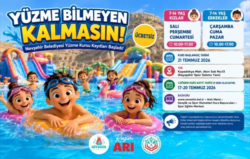 Nevşehir Belediyesi 7-14 Yaş Grubu Çocuklar İçin Ücretsiz Yüzme Kursu Kayıtlarını Başlattı