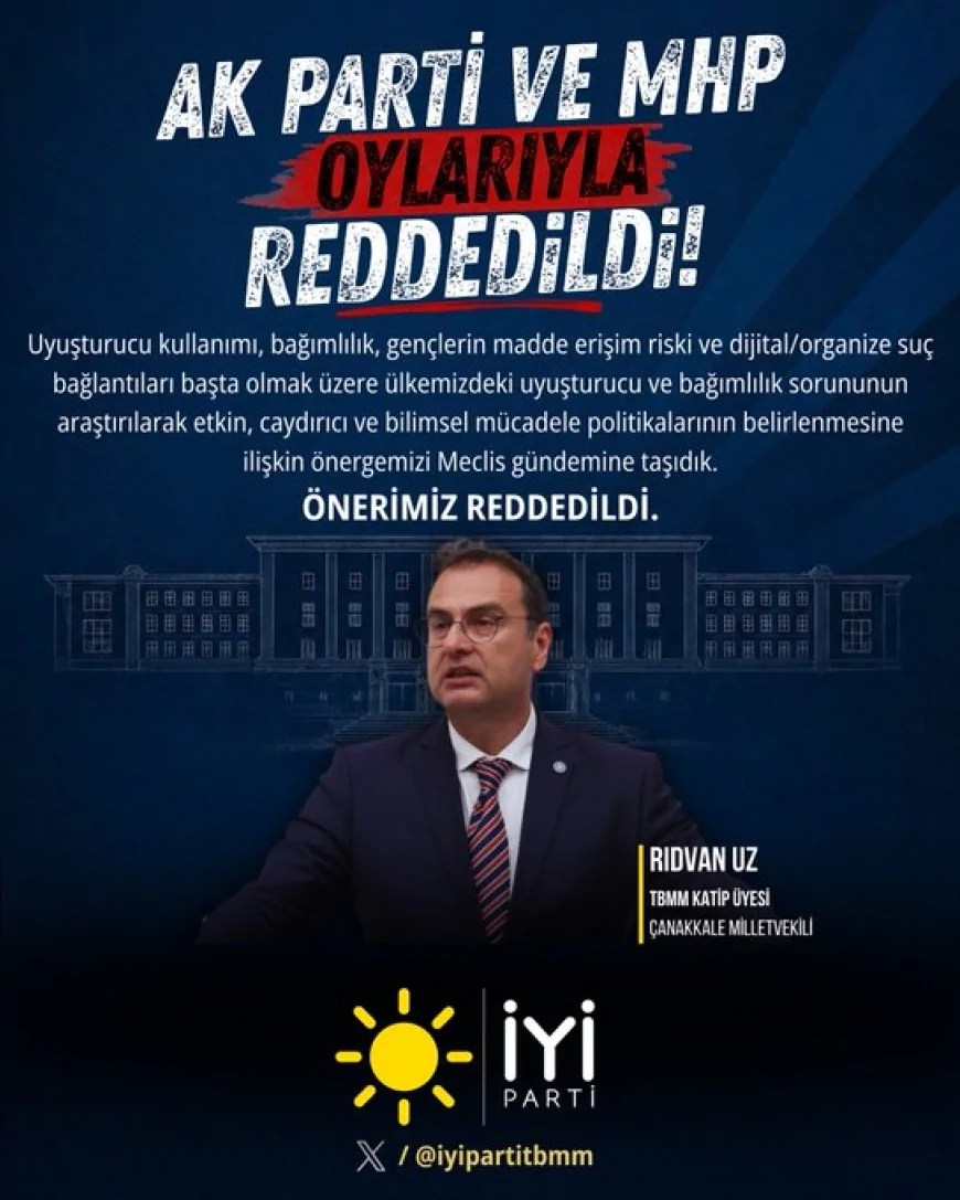İYİ Parti Çanakkale Milletvekili Rıdvan Uz: “Uyuşturucu ve bağımlılıkla mücadeleye ilişkin grup önerimiz AK Parti ve MHP oylarıyla reddedildi”