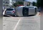 Çorum'da Park Halindeki Otomobile Çarpan Otomobil Devrildi
