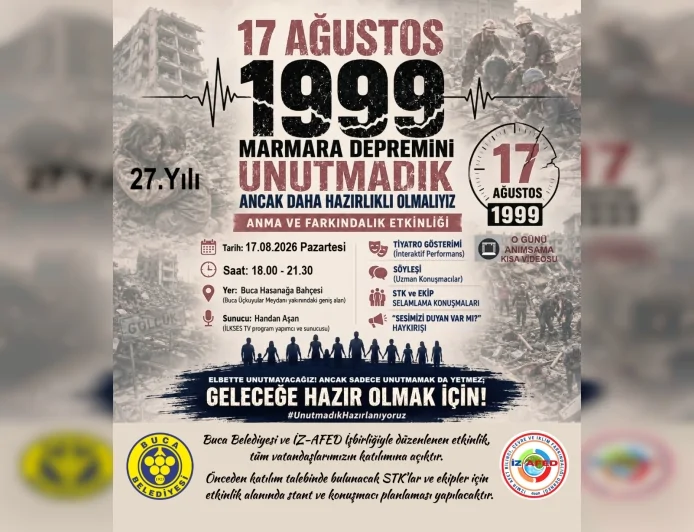 İzmir’de 17 Ağustos Marmara Depremi’nin 27’nci yılı için afet farkındalık etkinliği düzenlenecek